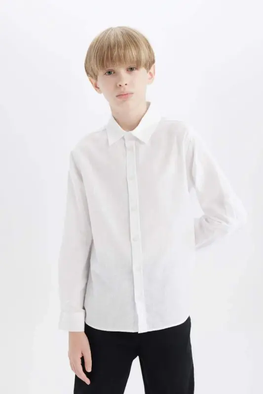 Boy's Polo Collar Linen Look Long Sleeve Basic Plain Shirt-White - 3