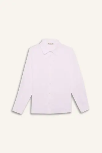 Boy's Polo Collar Linen Look Long Sleeve Basic Plain Shirt-White - 7