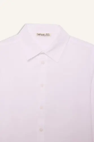 Boy's Polo Collar Linen Look Long Sleeve Basic Plain Shirt-White - 8