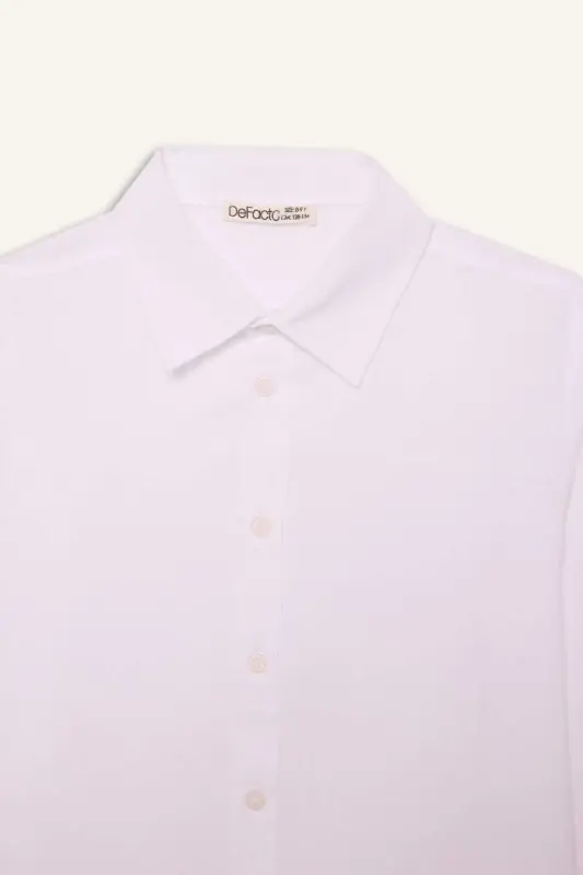 Boy's Polo Collar Linen Look Long Sleeve Basic Plain Shirt-White - 8