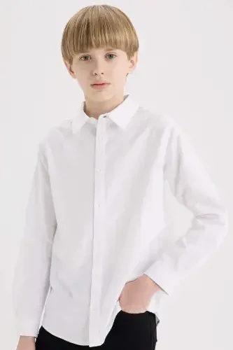 Boy's Polo Collar Oxford Long Sleeve Basic Plain Shirt-White - 1