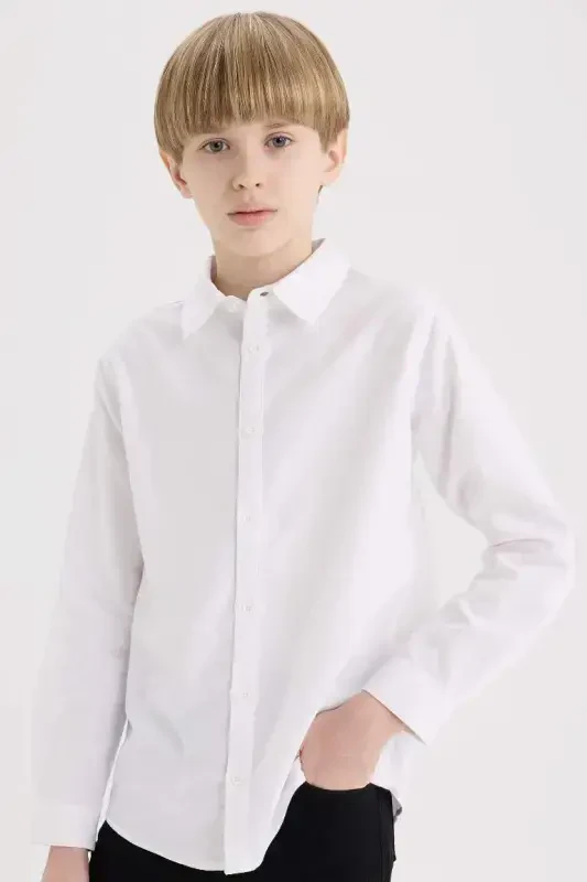 Boy's Polo Collar Oxford Long Sleeve Basic Plain Shirt-White - 1