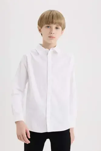 Boy's Polo Collar Oxford Long Sleeve Basic Plain Shirt-White - DEFACTO (1)