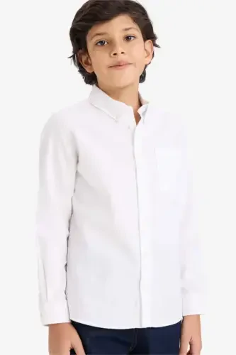 Boy's Polo Collar Oxford Long Sleeve Basic Plain Shirt-White - 1