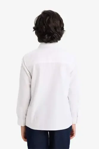 Boy's Polo Collar Oxford Long Sleeve Basic Plain Shirt-White - 5