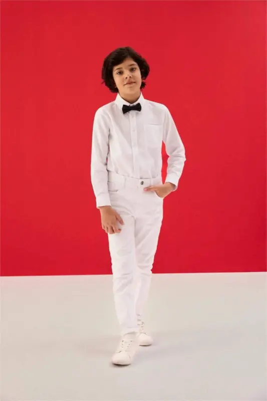 Boy's Polo Collar Oxford Long Sleeve Basic Plain Shirt-White - 2