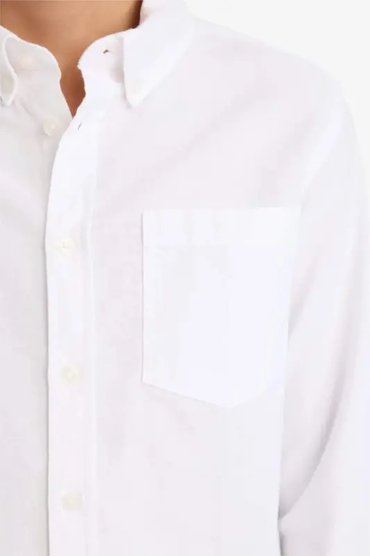 Boy's Polo Collar Oxford Long Sleeve Basic Plain Shirt-White - 5