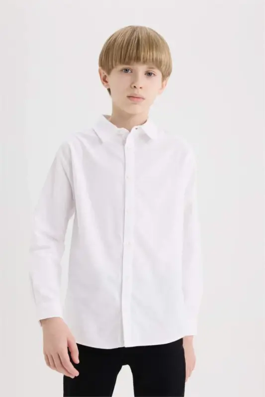 Boy's Polo Collar Oxford Long Sleeve Basic Plain Shirt-White - 3