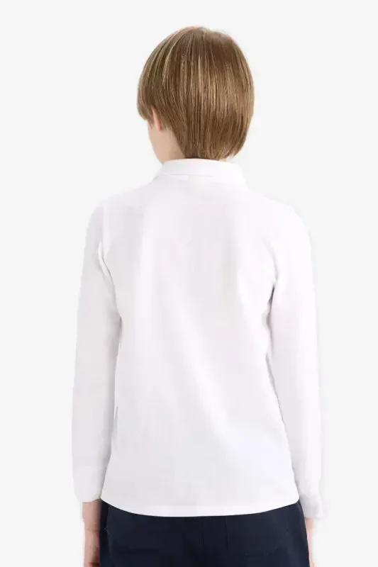 Boy's Polo Collar Pique Basic Plain Long Sleeve T-Shirt-White - 6