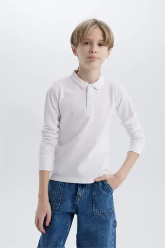 Boy's Polo Collar Pique Basic Plain Long Sleeve T-Shirt-White - 1