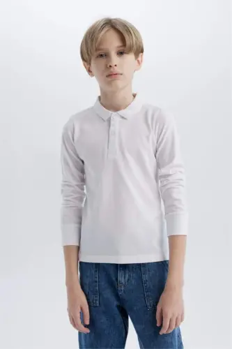 Boy's Polo Collar Pique Basic Plain Long Sleeve T-Shirt-White - 3