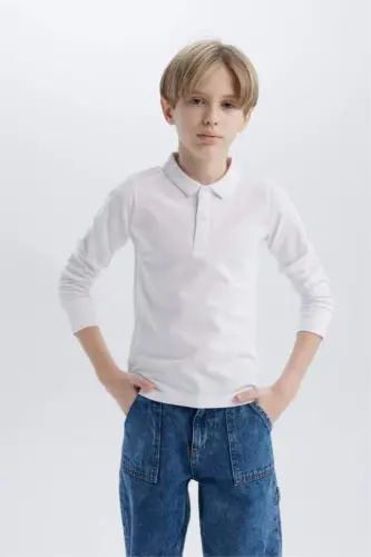 Boy's Polo Collar Pique Basic Plain Long Sleeve T-Shirt-White - 4