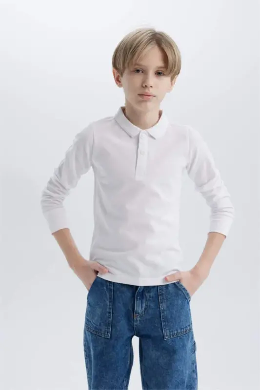 Boy's Polo Collar Pique Basic Plain Long Sleeve T-Shirt-White - 4
