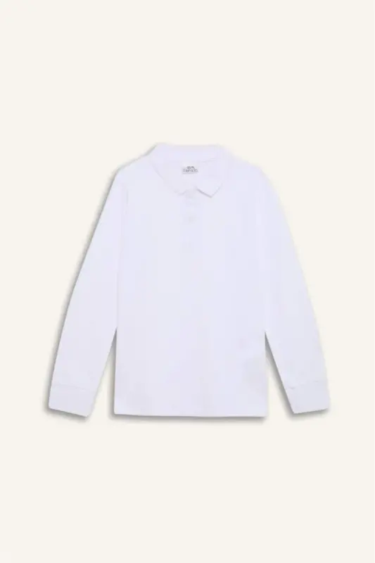 Boy's Polo Collar Pique Basic Plain Long Sleeve T-Shirt-White - 7