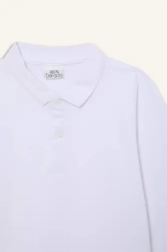 Boy's Polo Collar Pique Basic Plain Long Sleeve T-Shirt-White - 8