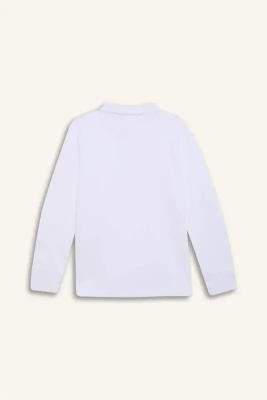 Boy's Polo Collar Pique Basic Plain Long Sleeve T-Shirt-White - 9