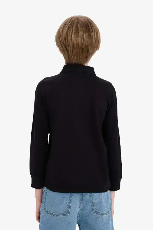Boy's Polo Collar Pique Long Sleeve T-Shirt-Black - 2