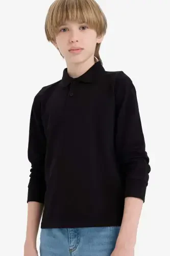 Boy's Polo Collar Pique Long Sleeve T-Shirt-Black - 3