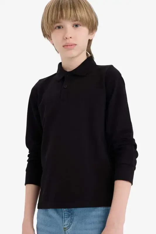 Boy's Polo Collar Pique Long Sleeve T-Shirt-Black - 3