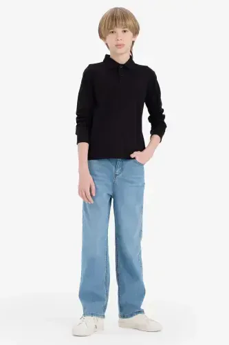 Boy's Polo Collar Pique Long Sleeve T-Shirt-Black - 4