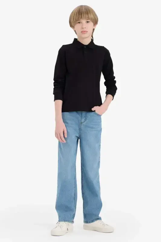 Boy's Polo Collar Pique Long Sleeve T-Shirt-Black - 4