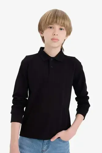 Boy's Polo Collar Pique Long Sleeve T-Shirt-Black - 5