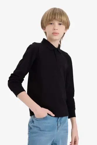 Boy's Polo Collar Pique Long Sleeve T-Shirt-Black - 6