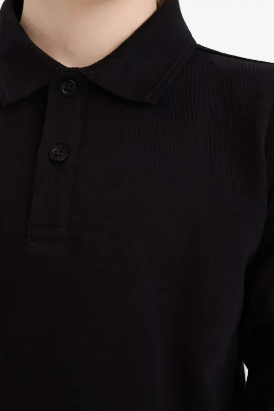 Boy's Polo Collar Pique Long Sleeve T-Shirt-Black - 1