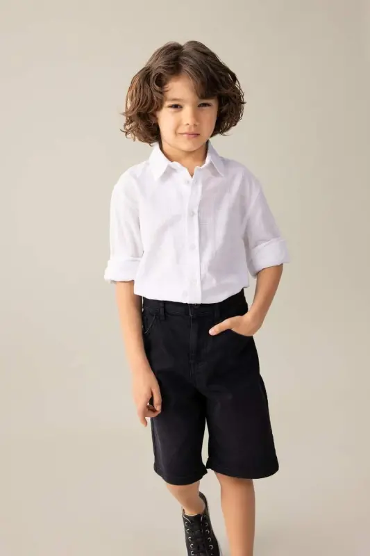 Boy's Polo Neck Long Sleeve Shirt-Off White - 1