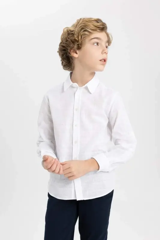 Boy's Polo Neck Long Sleeve Shirt-Off White - 3