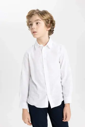 Boy's Polo Neck Long Sleeve Shirt-Off White - 5