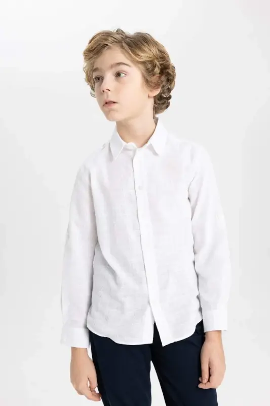 Boy's Polo Neck Long Sleeve Shirt-Off White - 5