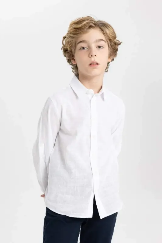 Boy's Polo Neck Long Sleeve Shirt-Off White - 6