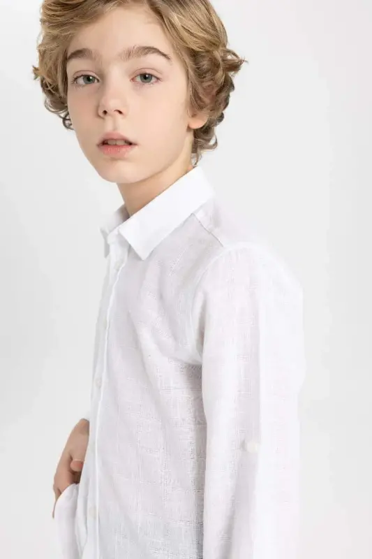 Boy's Polo Neck Long Sleeve Shirt-Off White - 7