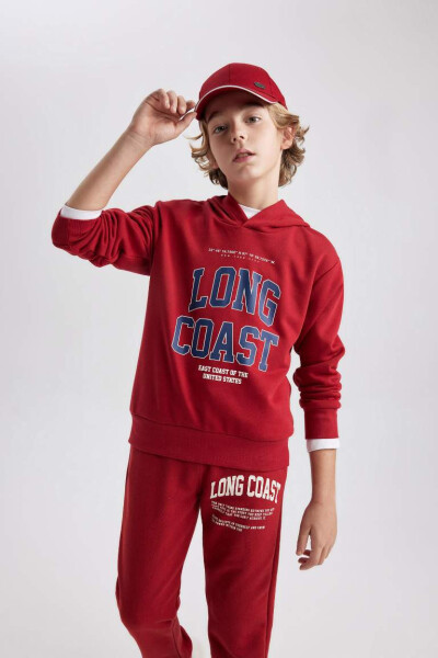 Boy's Printed Hooded Sweatshirt Dark Red - 1