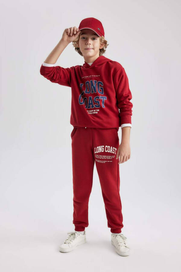 Boy's Printed Hooded Sweatshirt Dark Red - 2