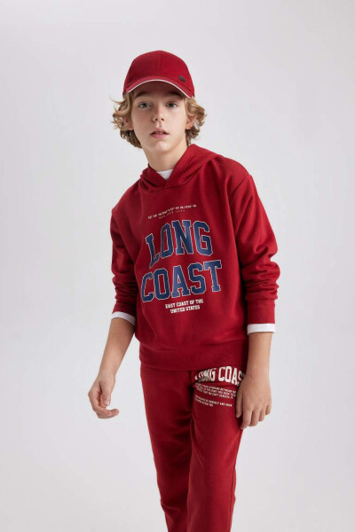 Boy's Printed Hooded Sweatshirt Dark Red - 3