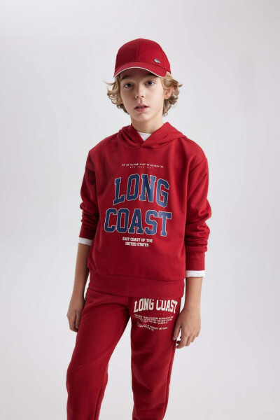 Boy's Printed Hooded Sweatshirt Dark Red - 4