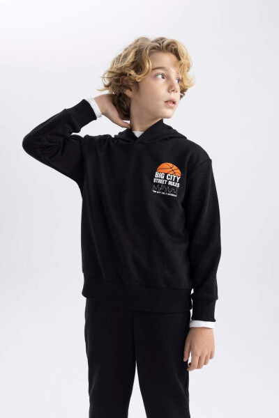 Boys' Printed Hooded Sweatshirt in Black - 1