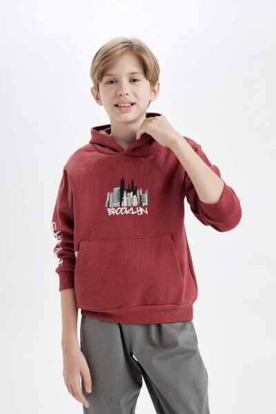 Boy's Printed Hoodie with Kangaroo Pocket Dark Orange - 1