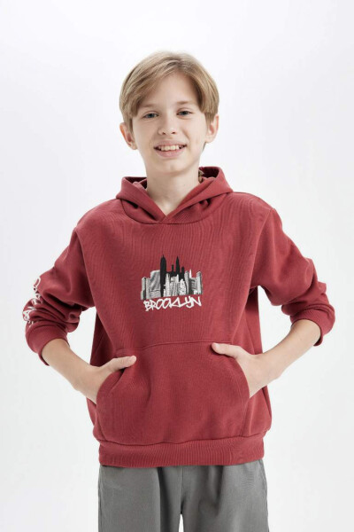 Boy's Printed Hoodie with Kangaroo Pocket Dark Orange - 3