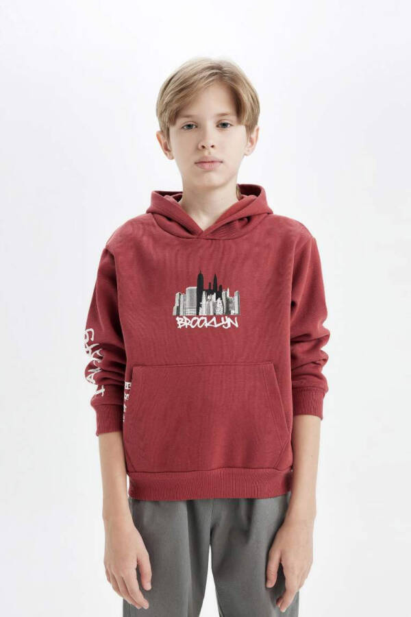 Boy's Printed Hoodie with Kangaroo Pocket Dark Orange - 4