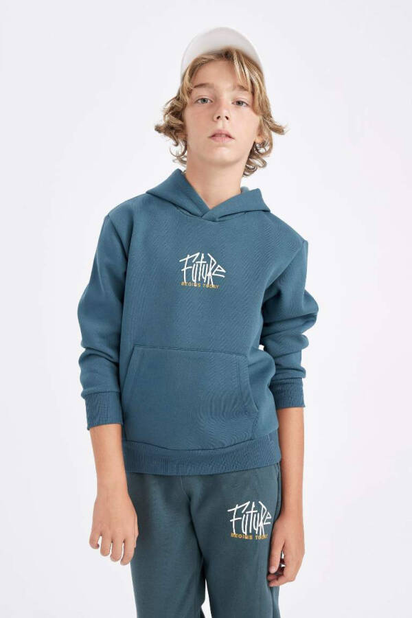 Boys' Printed Pocket Hooded Thickened School Sweatshirt Dark Green - 1