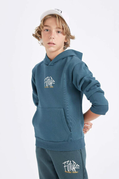 Boys' Printed Pocket Hooded Thickened School Sweatshirt Dark Green - 3