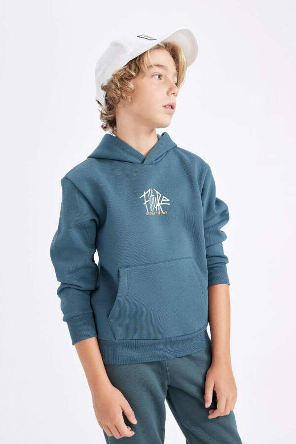 Boys' Printed Pocket Hooded Thickened School Sweatshirt Dark Green - 4