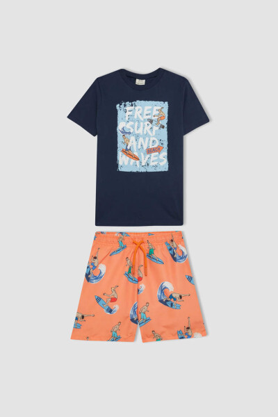 Boy's Printed Short Sleeve T-Shirt and Swim Shorts 2 Piece Set Orange - 1