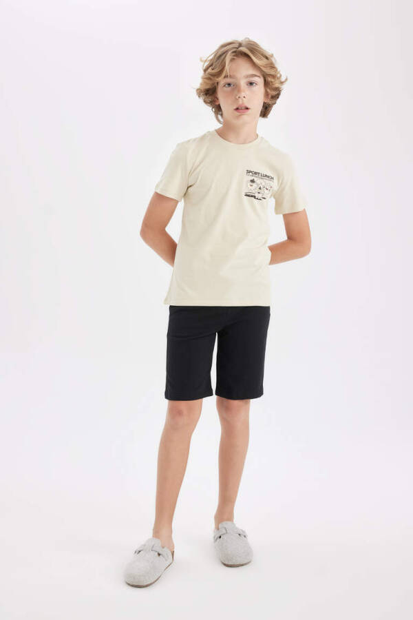 Boys' Printed Short-Sleeved Shorts Pyjama Set Beige - 1