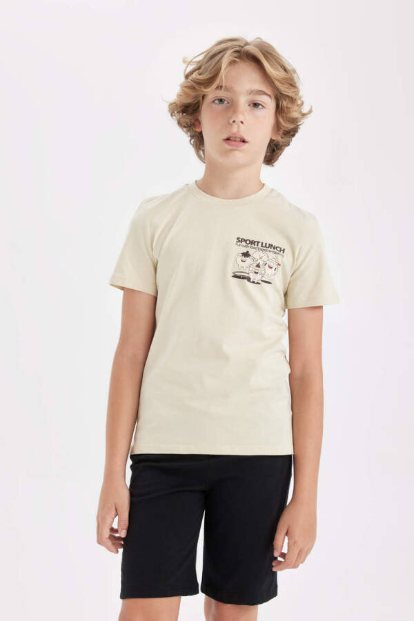 Boys' Printed Short-Sleeved Shorts Pyjama Set Beige - 3