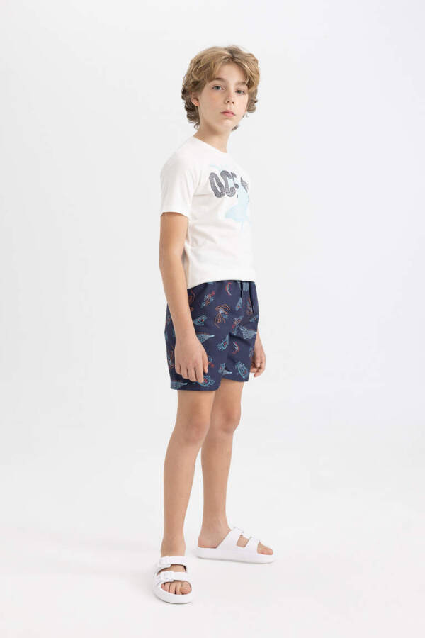 Boy's Printed Short-Sleeved T-Shirt and Swim Shorts 2 Piece Set Navy - 3