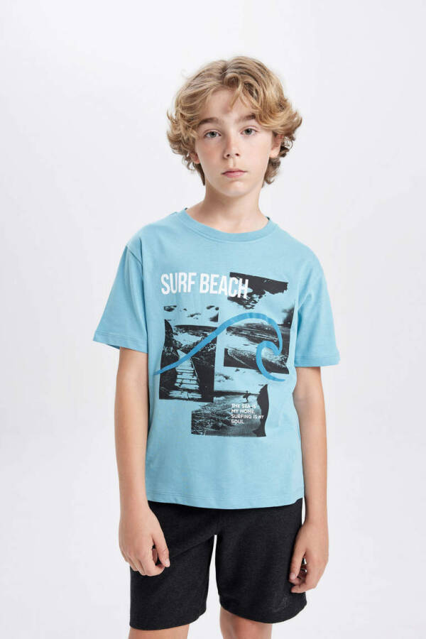 Boys Printed Short-Sleeved T-Shirt Shorts 2-Piece Set Light Blue - 4